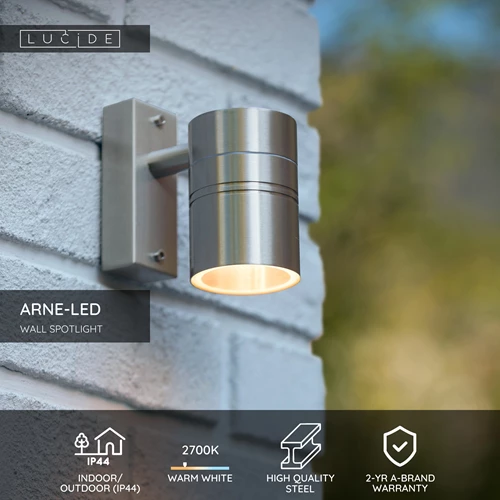 Lucide ARNE-LED - Wall spotlight / Wall light Indoor/Outdoor - Ø 6,3 cm - LED - GU10 - 1x5W 2700K - IP44 - Satin Chrome - USP